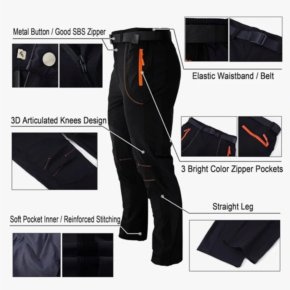 Men's Black Technical Pants with Orange Zip Accents
